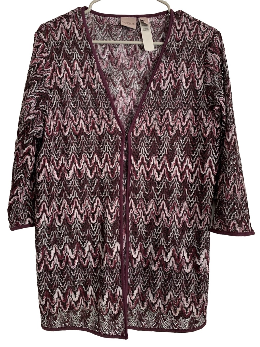 CHICOS Women’s Eggplant Purple Black Cream Print Open Weave Cardigan Seeater